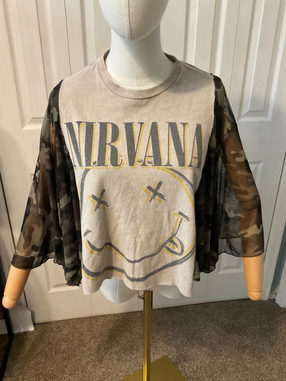 Nirvana Upcycled Cropped Graphic T-Shirt with Sheer Camo Flowy Sleeves - OSFM